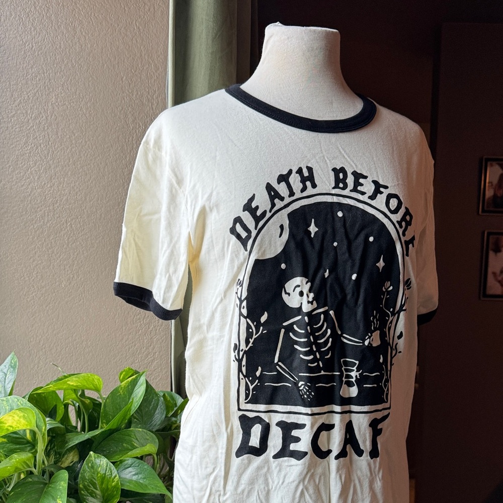 SAMPLE: Parker Goods Death Before Decaf Retro Screen Printed Ringer Tee
